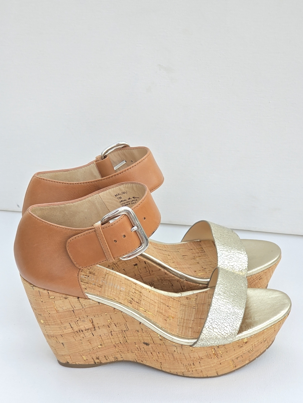 Donald J Pliner Malibu Sandals Sz 7 Leather Metallic Cork Platform Wedge Brown